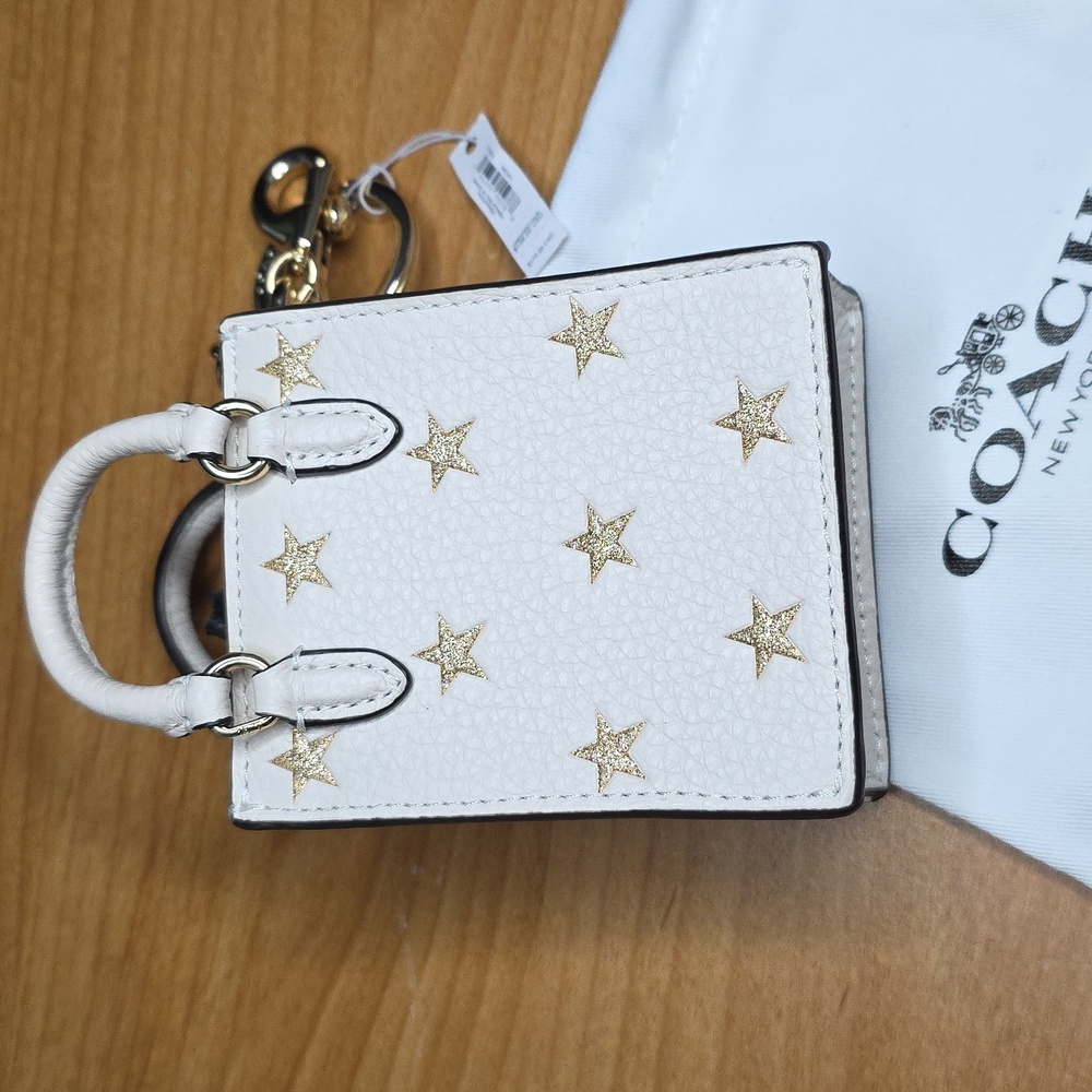 Coach Mini Tote Bag in White with Gold Stars KeyChain - Picture 2 of 3